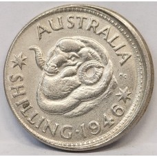 AUSTRALIA 1946 . ONE 1 SHILLING . ERROR . OFF CENTRE . HUGE LIP